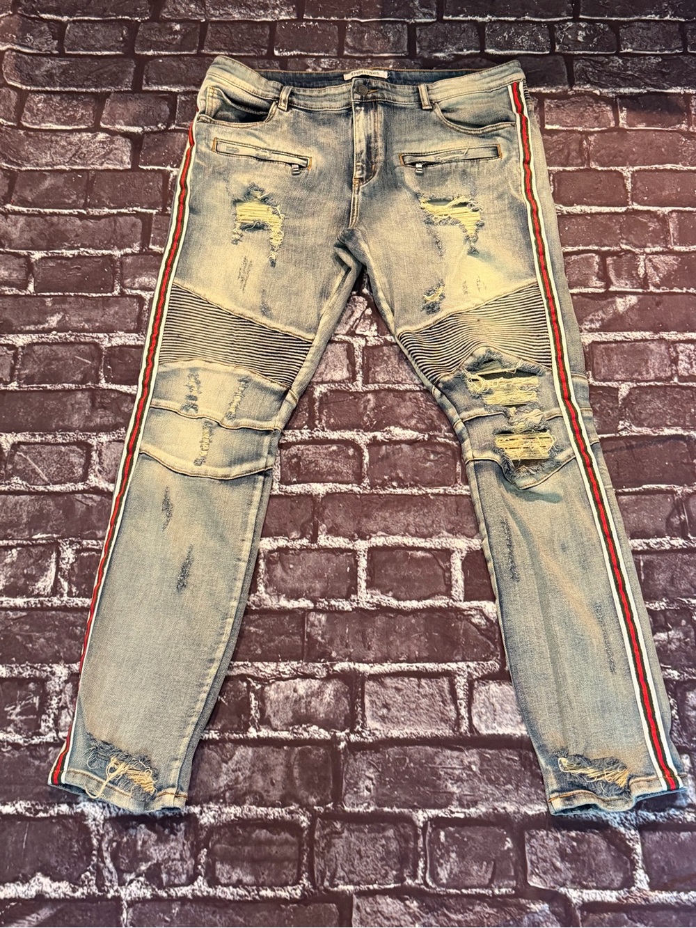 Light Blue Skinny Distressed Jeans with Red-White Side Stripe 38x32
